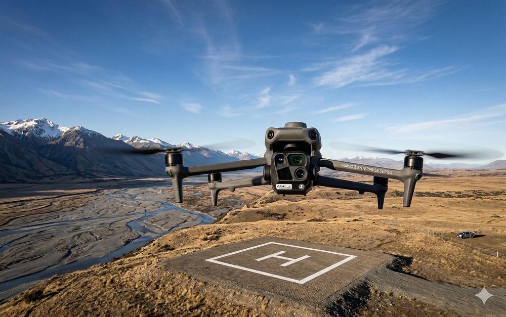 DJI Matrice-series drone over a New Zealand river valley